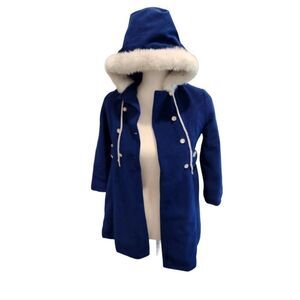 Ellerie Fashion Vintage 70s Blue Dress Coat Faux Fur Hood Girls M